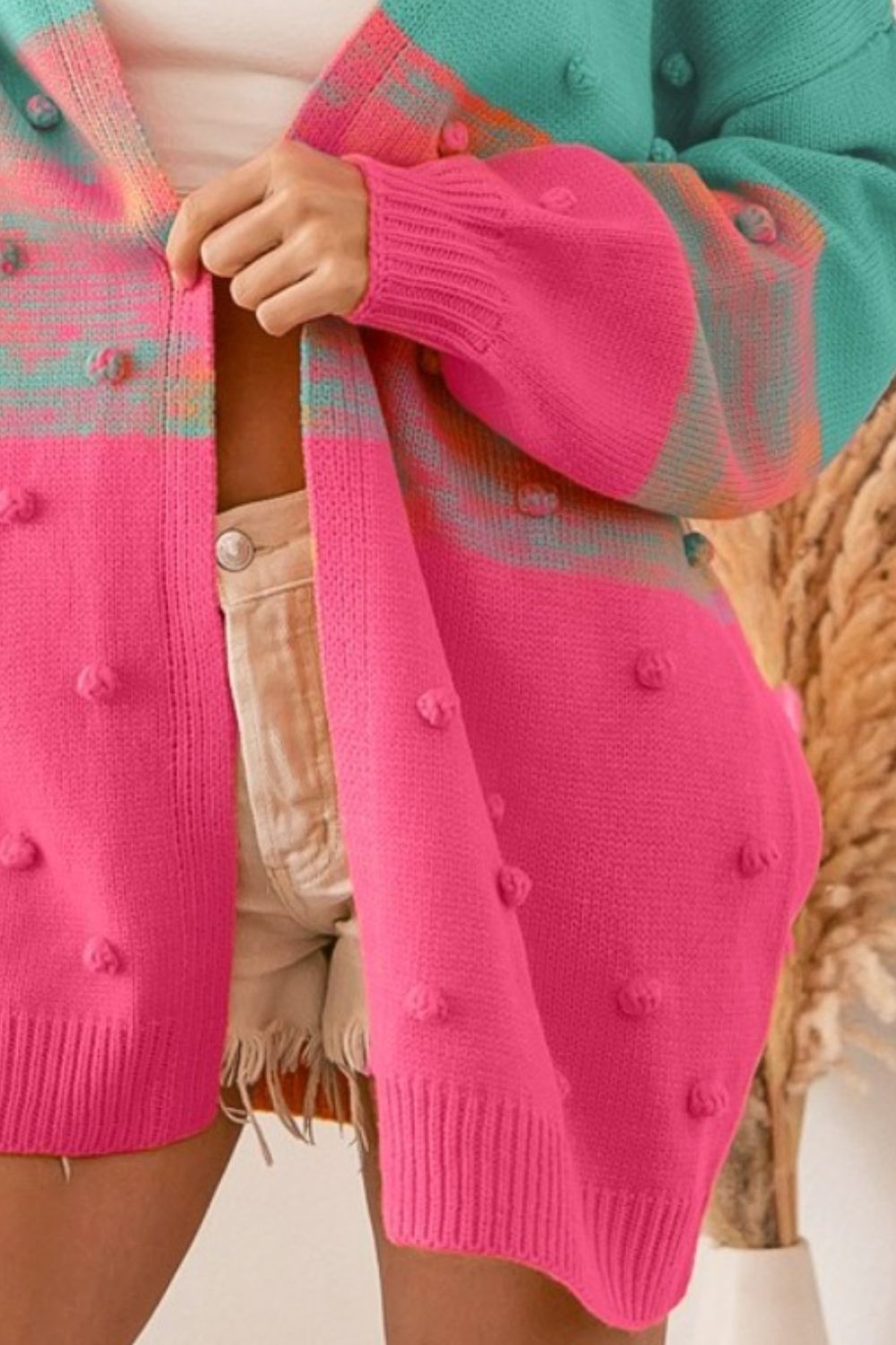 Color Block Ponpon Sweater Cardigan in Turquoise Pink Southern Soul Collectives