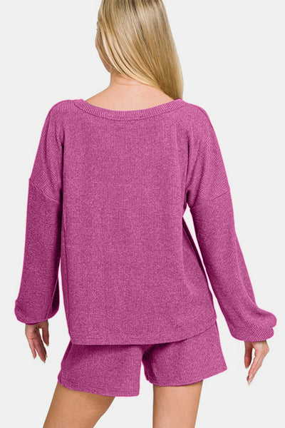 Zenana V-Neck Long Sleeve Ribbed Top and Shorts Set Red Violet Southern Soul Collectives