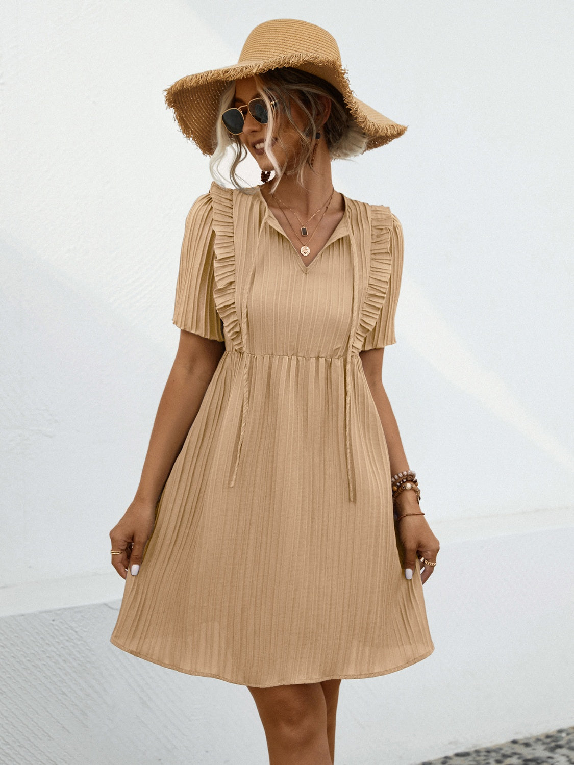 Tie Neck Ruffle Front Short Sleeve Mini Dress in Two Colors Southern Soul Collectives