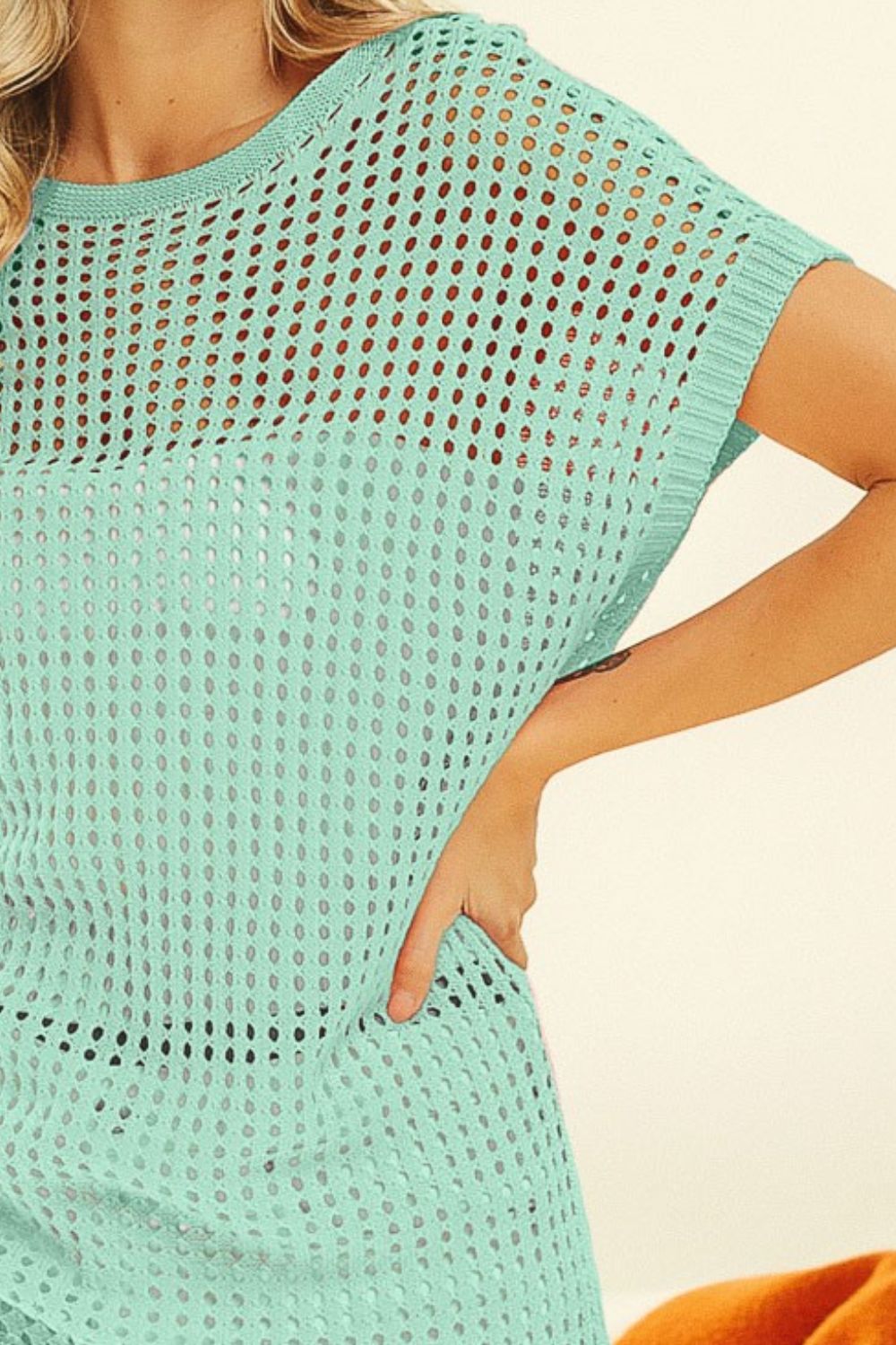 Openwork Fishnet Short Sleeve Knit Swim Cover Up in Sage Southern Soul Collectives