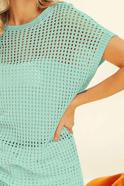 Openwork Fishnet Short Sleeve Knit Swim Cover Up in Sage Southern Soul Collectives