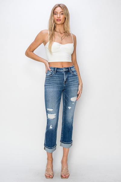 RISEN Cropped Cuffed Ankle Distressed Straight Jeans Southern Soul Collectives