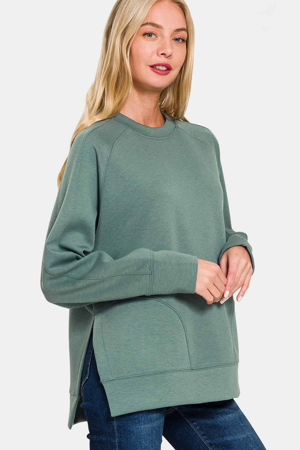 Zenana Scuba Round Neck Side Slit Sweatshirt Southern Soul Collectives