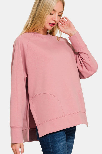 Zenana Scuba Round Neck Side Slit Sweatshirt in Light Rose Southern Soul Collectives