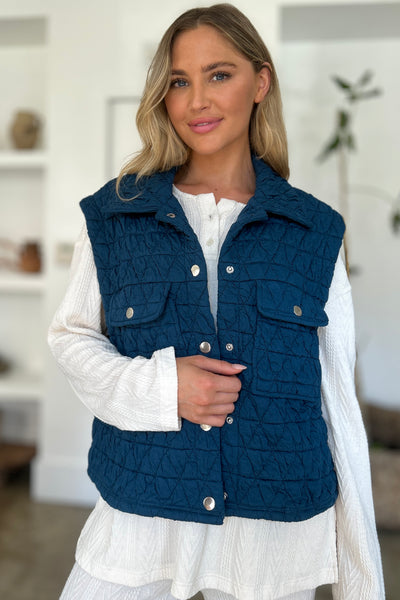 Double Take Full Size Pocketed Texture Snap Down Vest Coat Southern Soul Collectives