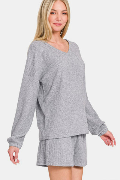 Zenana V-Neck Long Sleeve Ribbed Top and Shorts Set in Grey Southern Soul Collectives