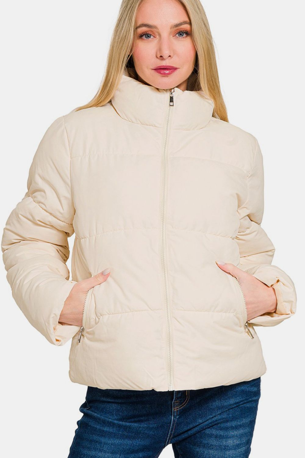 Zenana Zip Up Turtleneck Puffer Jacket with Pockets in Cream Southern Soul Collectives