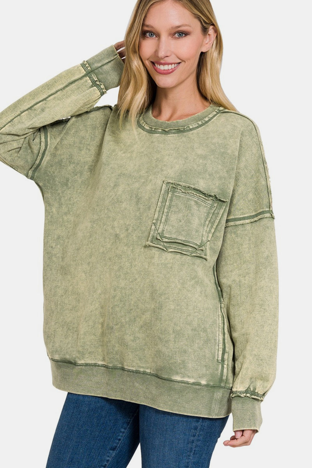 Zenana Exposed Seam Round Neck Dropped Shoulder Sweatshirt Southern Soul Collectives