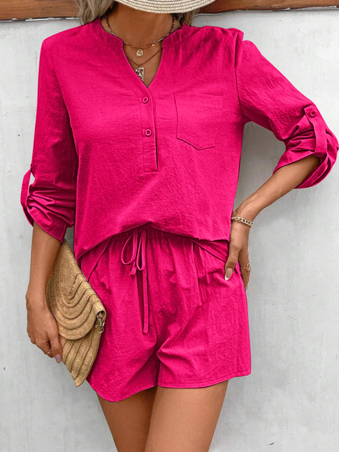 Notched V-Neck Button Front Rolled Long Sleeve Top and Shorts Set in Multiple Colors Southern Soul Collectives