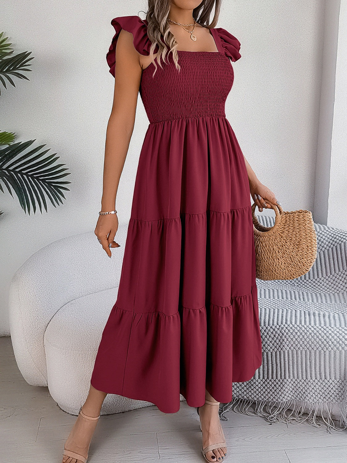 Smocked Square Neck Cap Sleeve Midi Dress Southern Soul Collectives