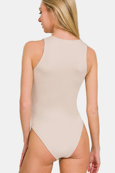 Zenana Round Neck Sleeveless Padded Bodysuit in Sand Beige Southern Soul Collectives