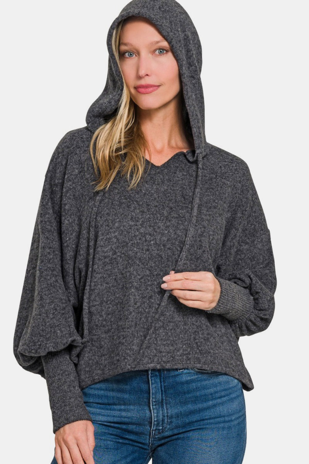 Zenana Brushed Hacci Drop Shoulder Cropped Hoodie in Black Gray Southern Soul Collectives