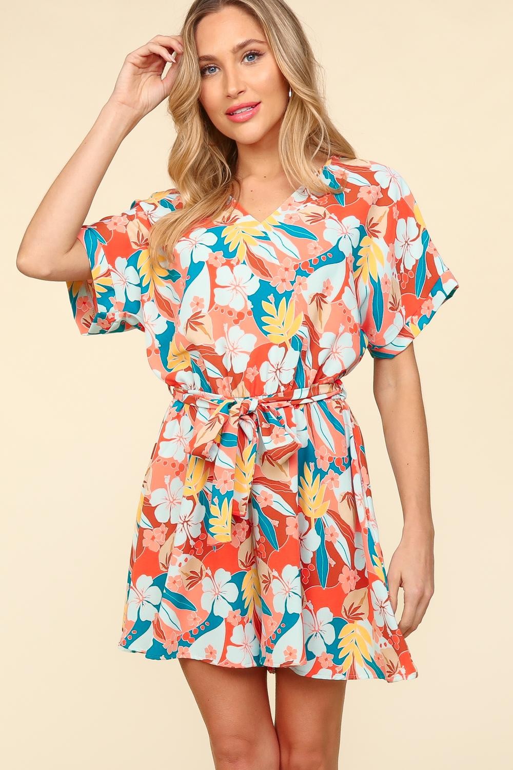 Tropical Floral Print Short Sleeve Tied Romper Southern Soul Collectives