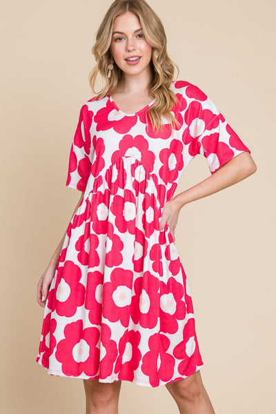 Bold Flower Print Ruched Baby Doll Dress in Fuchsia Southern Soul Collectives