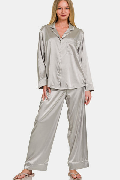 Zenana Satin Long Sleeve Shirt and Pants Pajama Set Southern Soul Collectives