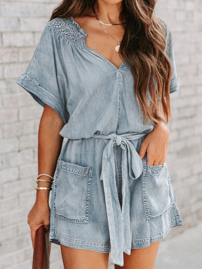 Notched Tie Waist Denim Romper - Southern Soul Collectives