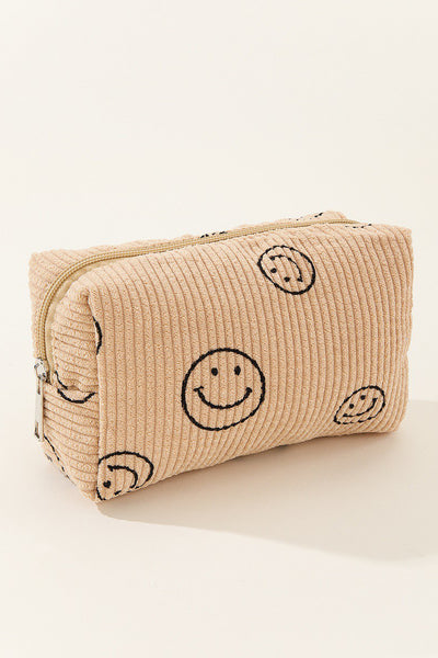 Zenana Smiley Face Corduroy Cosmetic Pouch Makeup Bag in Multiple Colors Southern Soul Collectives