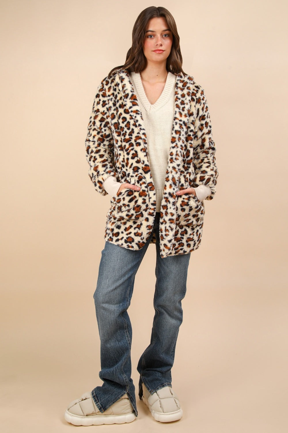 Fuzzy Leopard Print Long Sleeve Hooded Jacket in Ivory Southern Soul Collectives