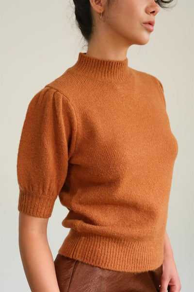 Mock Neck Puff Short Sleeve Sweater in Chocolate Orange Southern Soul Collectives