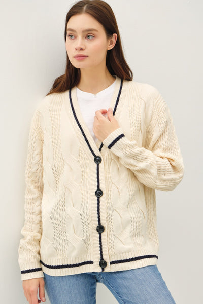 Be Cool Contrast Trim Cable-Knit V-Neck Cardigan Southern Soul Collectives