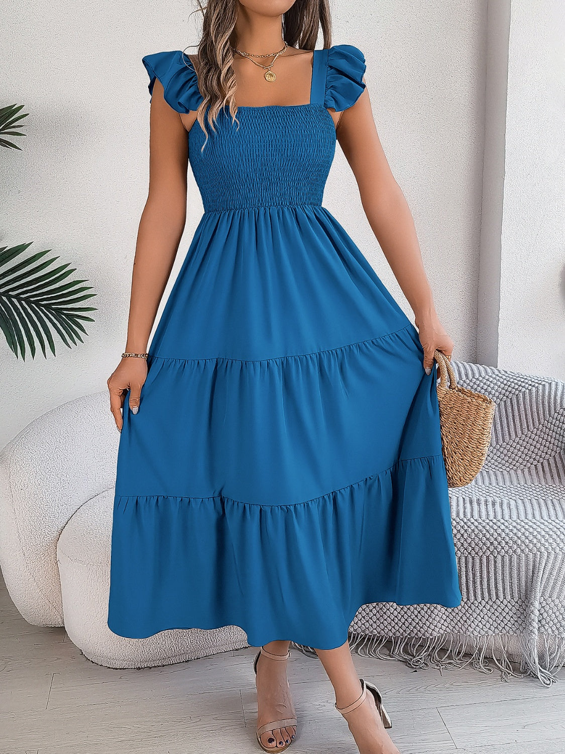 Smocked Square Neck Cap Sleeve Midi Dress Southern Soul Collectives