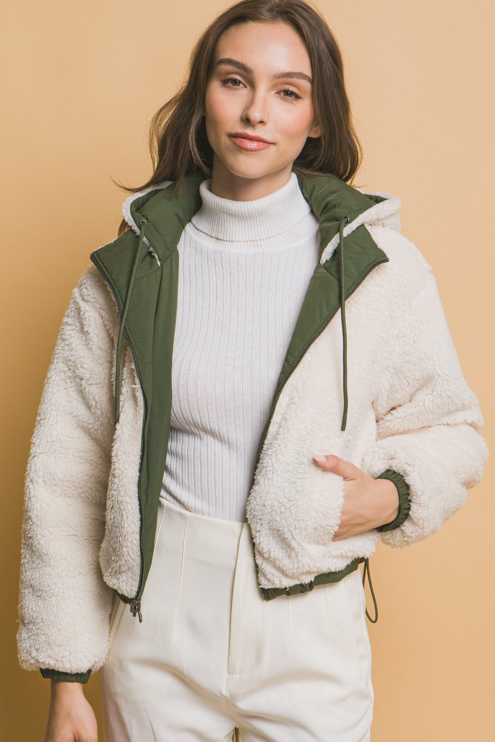 Zip Up Cropped Hooded Sherpa Reversible Jacket in Hunter Greent Southern Soul Collectives