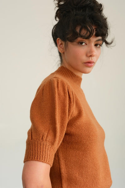 Mock Neck Puff Short Sleeve Sweater in Chocolate Orange Southern Soul Collectives