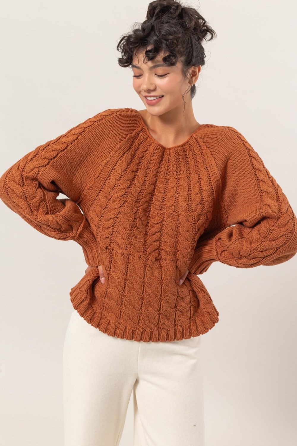 Cable-Knit Round Neck Raglan Sleeve Sweater in Rust Southern Soul Collectives