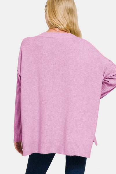 Zenana V-Neck Side Slit High-Low Sweater Southern Soul Collectives