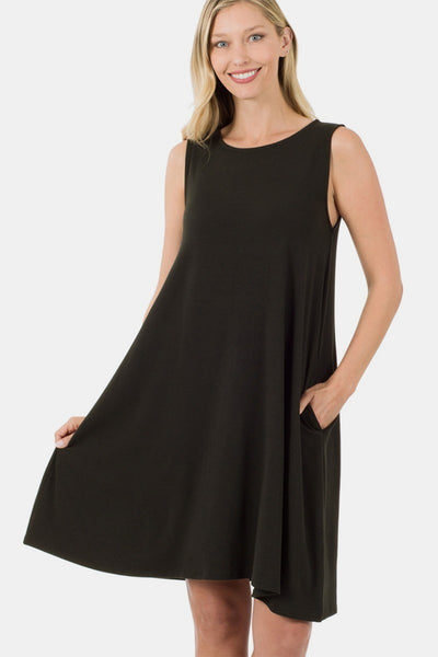 Zenana Sleeveless Flared Dress with Side Pockets in Black Southern Soul Collectives