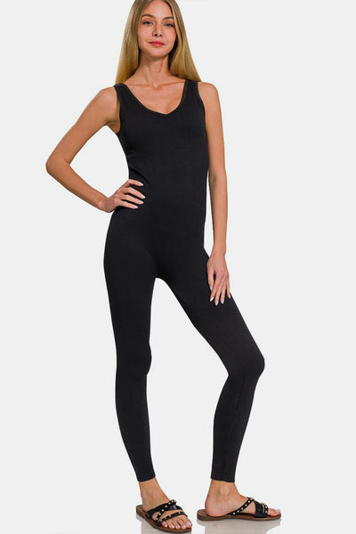 Zenana Ribbed Padded Bra Sports Seamless Athleisure Jumpsuit in Black Southern Soul Collectives