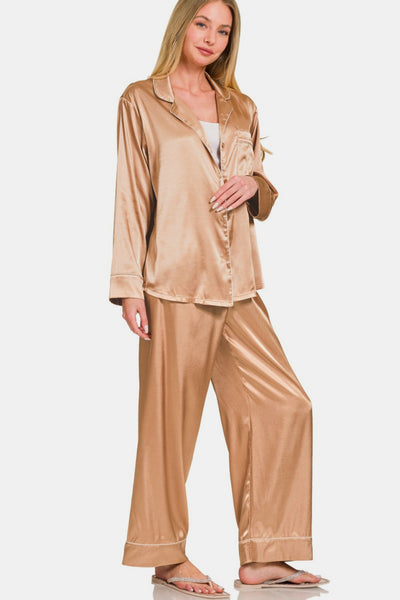 Zenana Satin Long Sleeve Shirt and Pants Pajama Set Southern Soul Collectives