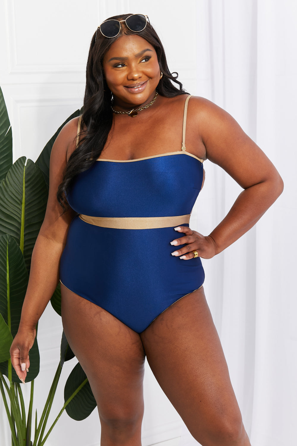 Swim Wave Break Contrast Trim One-Piece Swimsuit  In Navy  Southern Soul Collectives 