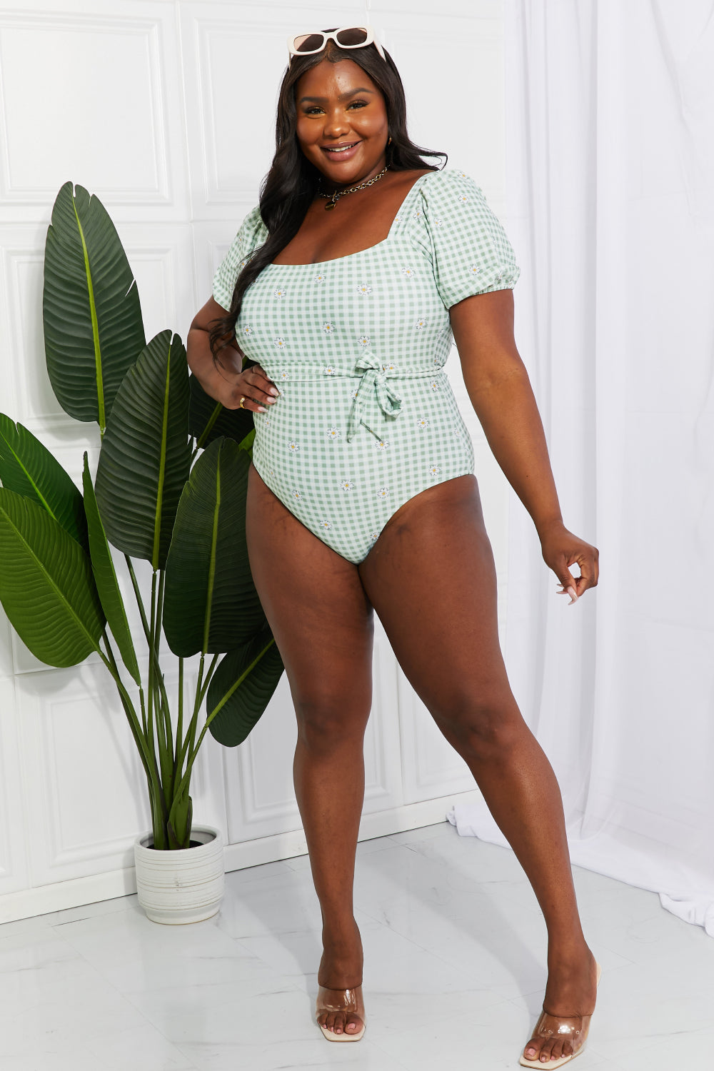 Salty Air Puff Sleeve Gingham One-Piece Swimsuit in Sage  Southern Soul Collectives 