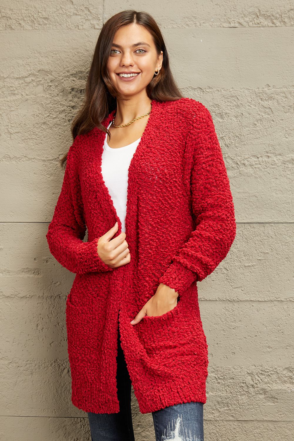 Falling For You Open Front Popcorn Cardigan in Red  Southern Soul Collectives 