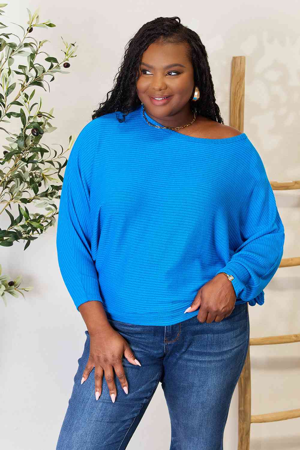 Round Neck Dolman Sleeve Ribbed Knit Blouse in Cobalt Blue - Southern Soul Collectives