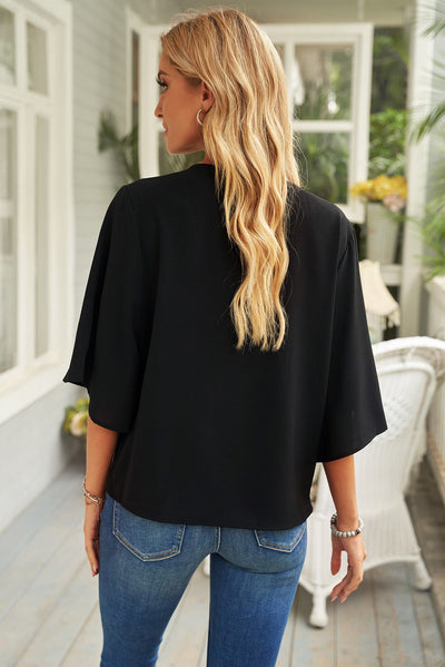 Cowl Neck Three-Quarter Sleeve Blouse in Blue and Black  Southern Soul Collectives 