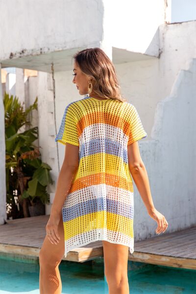 Openwork Striped V-Neck Short Sleeve Cover Up  Southern Soul Collectives