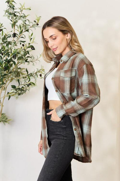 Plaid Dropped Shoulder Button Up Shirt in Olive Brown - Southern Soul Collectives