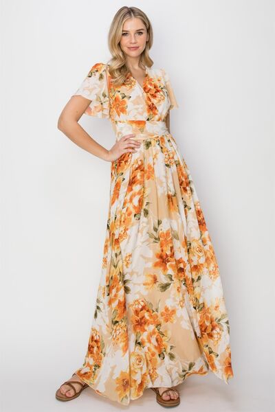 Floral Tie Back Short Sleeve Slit Maxi Dress in Peachy Orange  Southern Soul Collectives