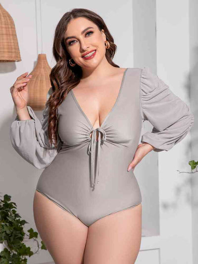 Plus Size Tied Deep V Balloon Sleeve One-Piece Swimsuit  Southern Soul Collectives