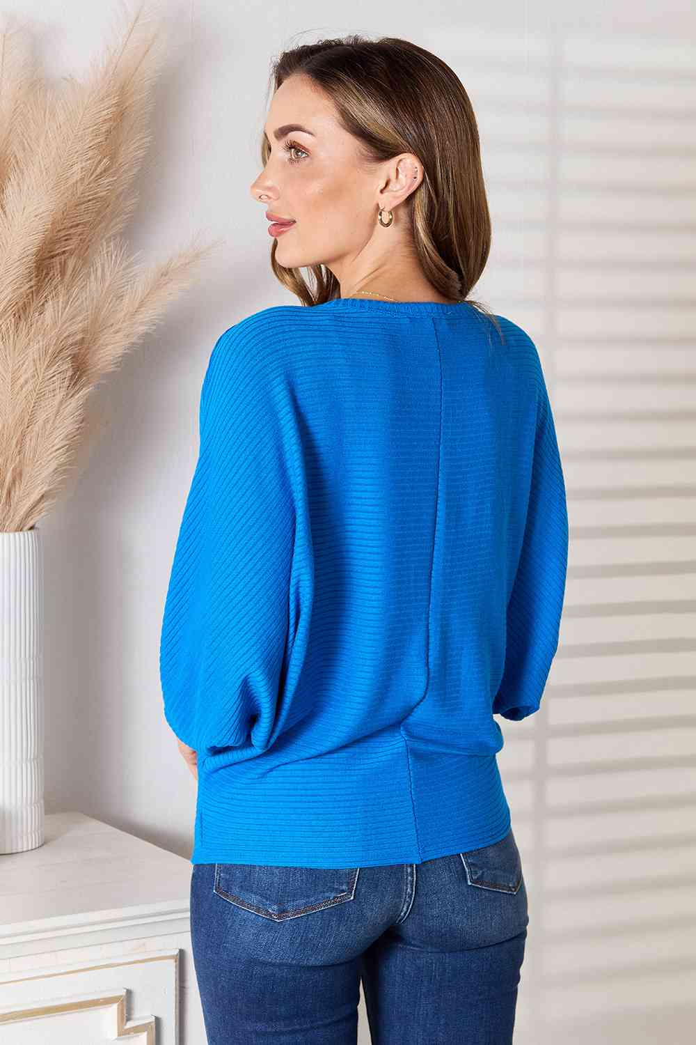 Round Neck Dolman Sleeve Ribbed Knit Blouse in Cobalt Blue - Southern Soul Collectives