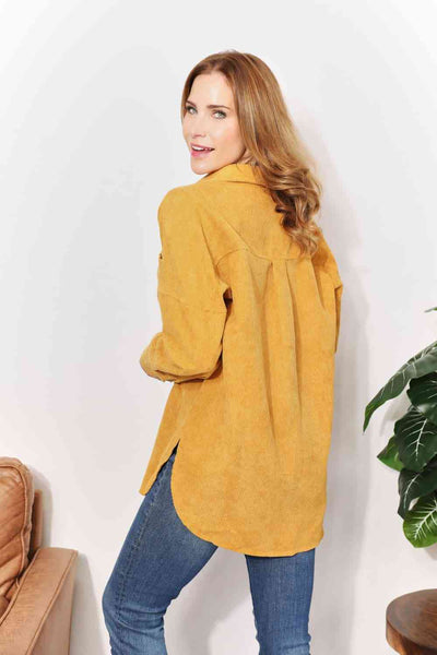 Oversized Corduroy Button-Down Tunic Shirt with Bust Pocket in Mustard  Southern Soul Collectives