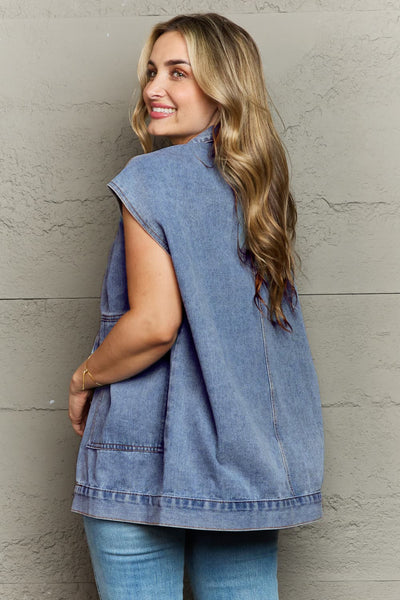 Collared Neck Sleeveless Denim Top with Pockets  Southern Soul Collectives 