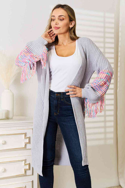 Elevated Fringe Sleeve Dropped Shoulder Long Line Cardigan in Blue Gray  Southern Soul Collectives 