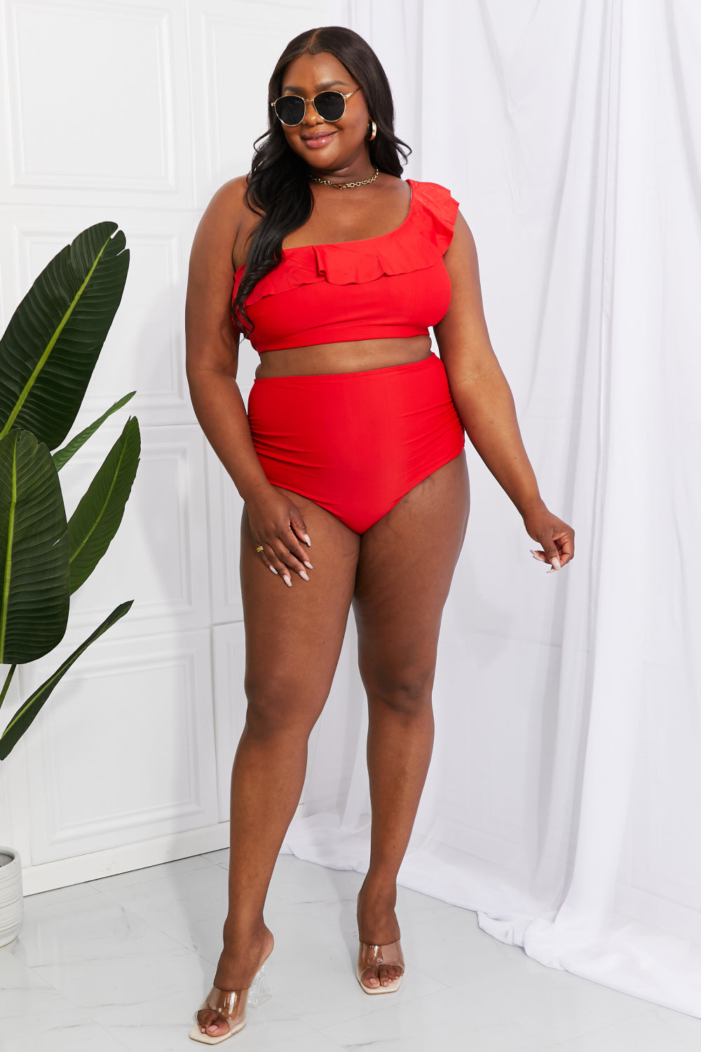 Seaside Romance Ruffle One-Shoulder Bikini in Red  Southern Soul Collectives 