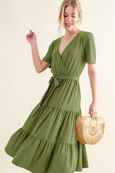 Soft Short Sleeve Tiered Midi Dress in Green  Southern Soul Collectives