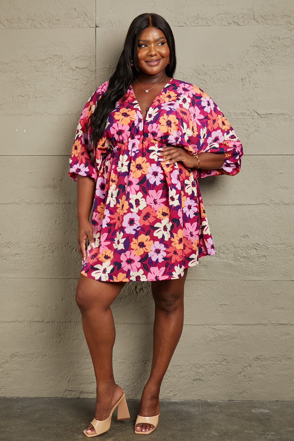 Floral Print V-neck 3/4 Sleeve Mini Dress  Southern Soul Collectives 