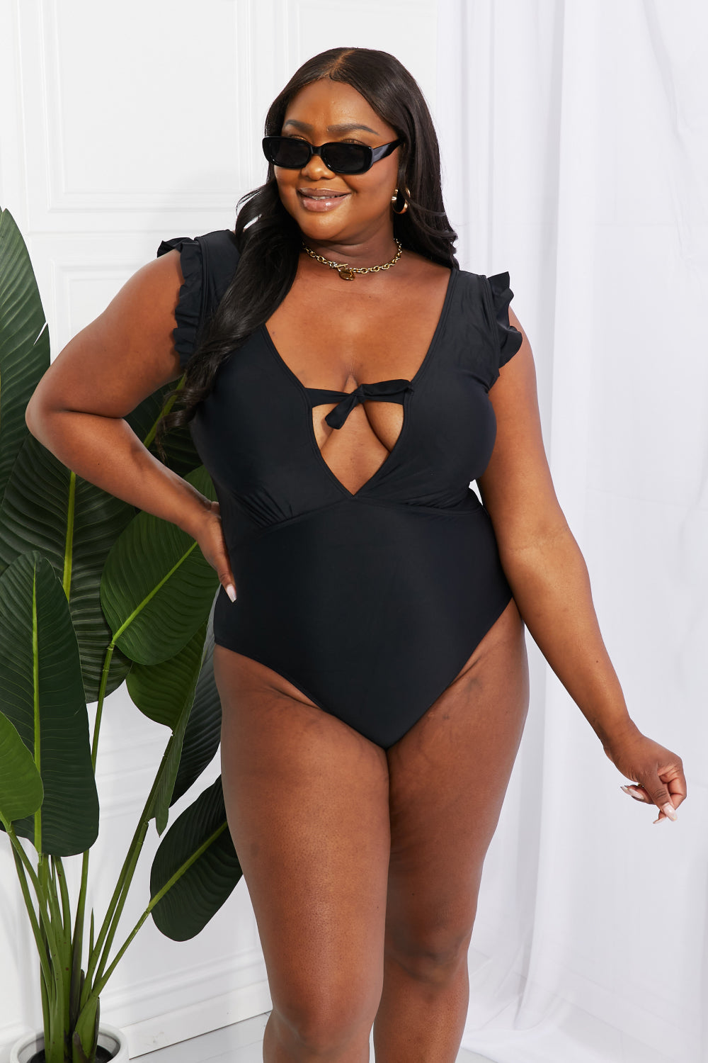 Swim Seashell Ruffle Sleeve One-Piece Swimsuit in Black  Southern Soul Collectives 