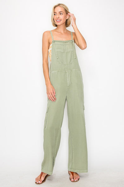 RISEN Wide Leg Tencel Cargo Overalls in Sage  Southern Soul Collectives